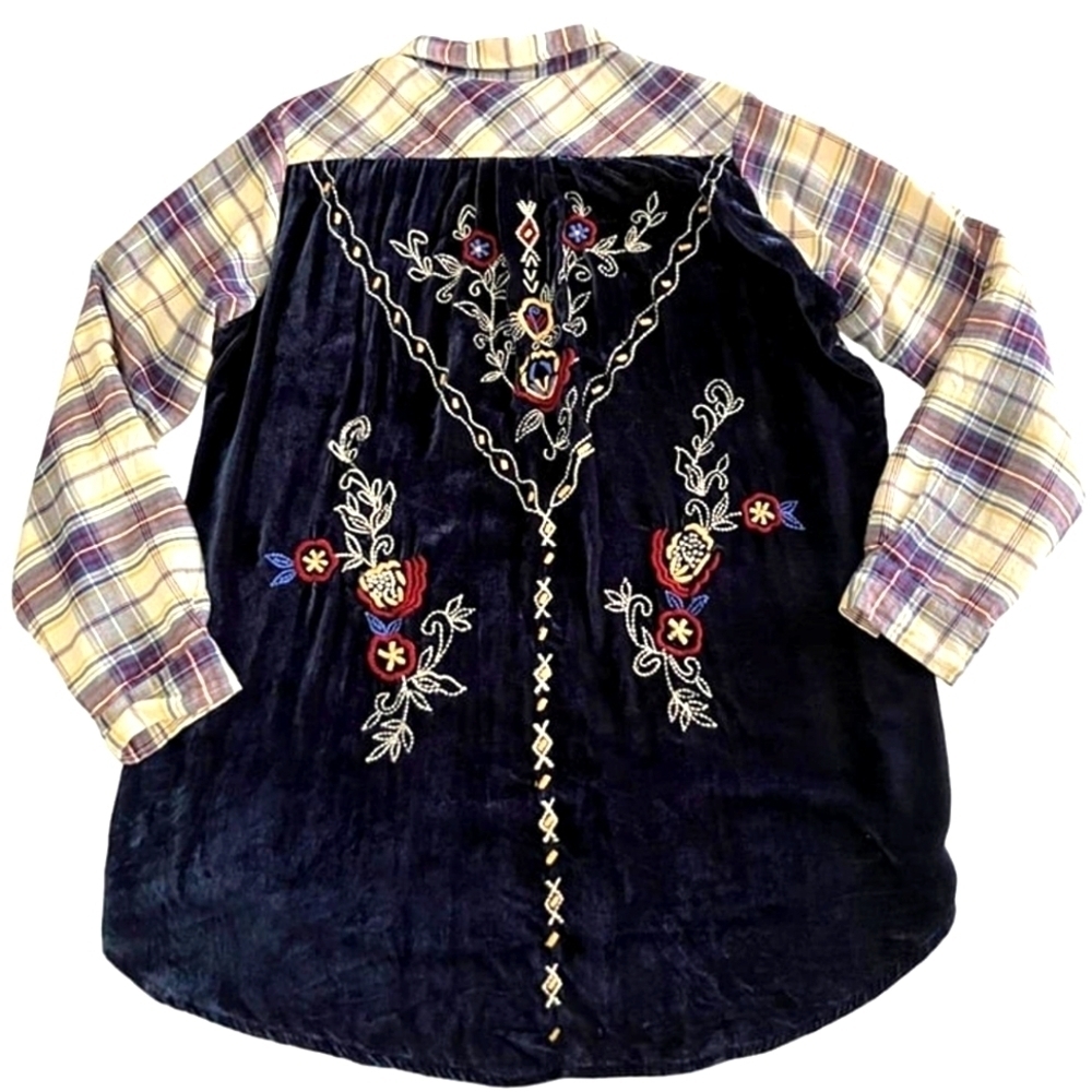 KYLA SEO Embroidered Button-up LIGHWEIGHT With plaid Velveteen Back